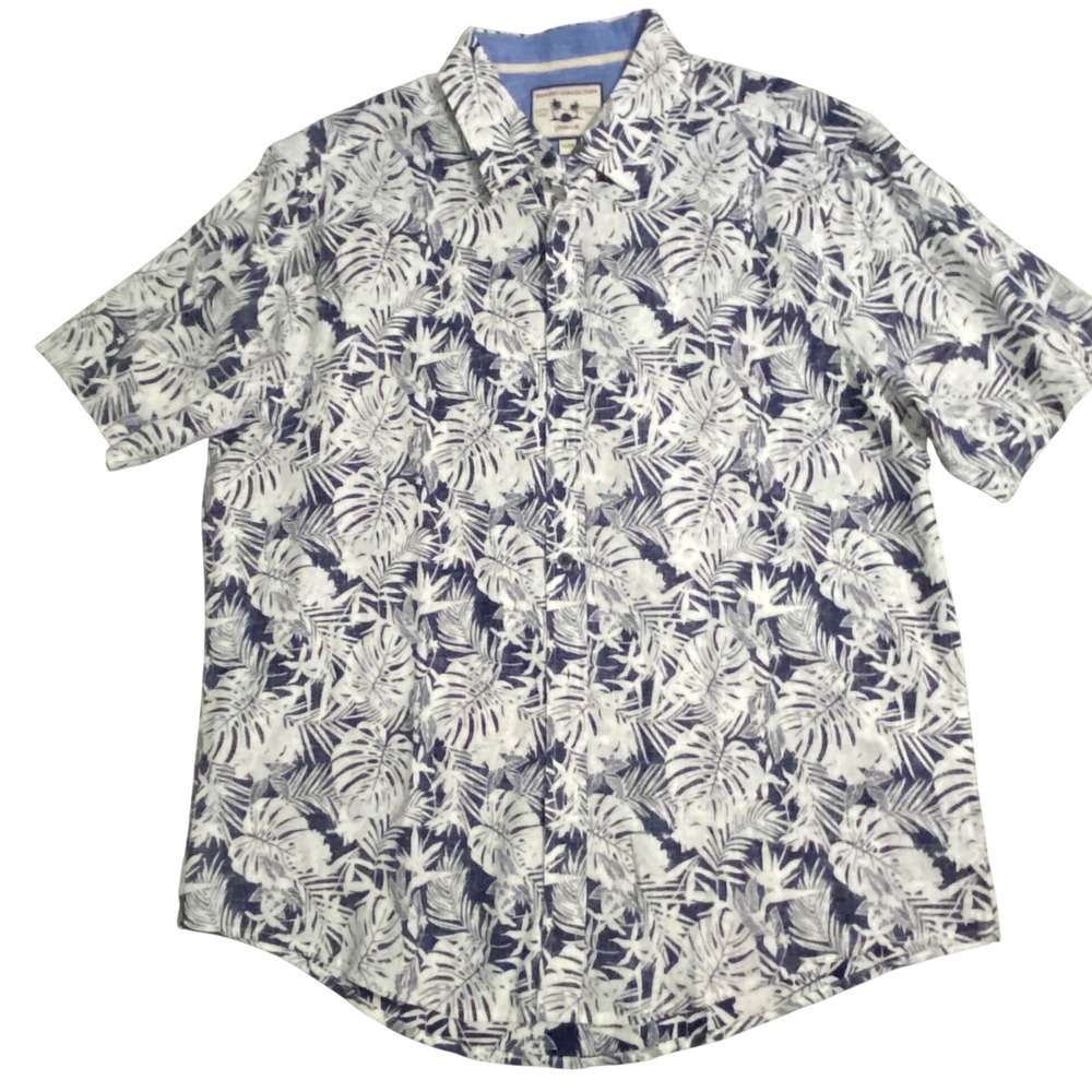 Report Collection Mens XL Linen Blend Tropical Palm Leaf ShortSleeve Button Down